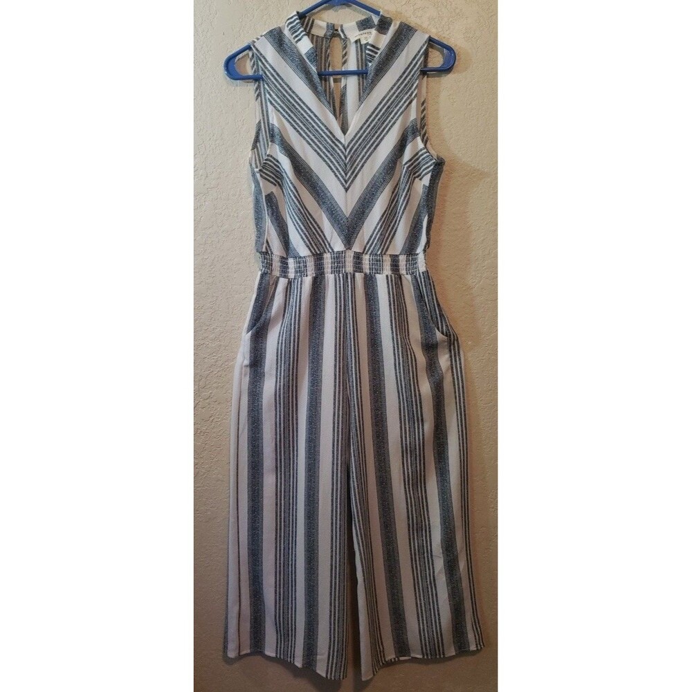 Monteau Blue White Stripe Cropped Jumpsuit Sz Med